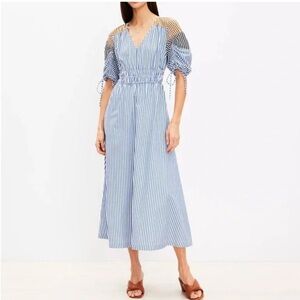 Loft Striped Tie Puff Sleeve Midi Dress Size XS Coastal Beachy Preppy Resort